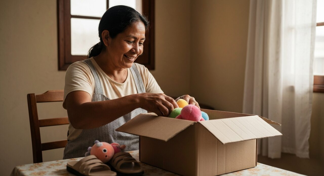 Mujer empacando productos con dignidad desde casa